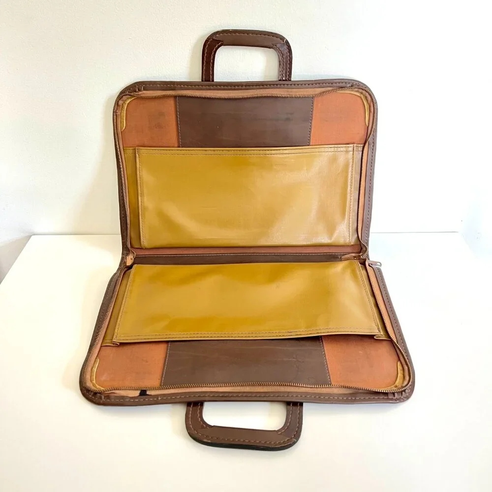 Vintage Brown Leather Briefcase File Folder Zipper Closure with Handles